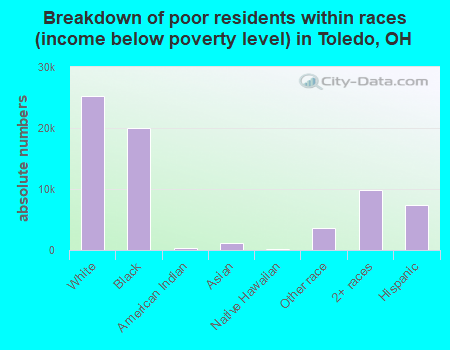 Breakdown of poor residents within races (income below poverty level) in Toledo, OH