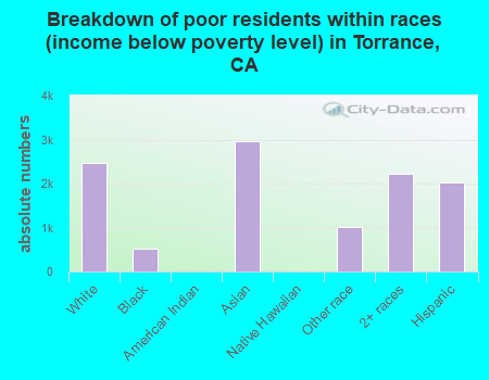 Breakdown of poor residents within races (income below poverty level) in Torrance, CA