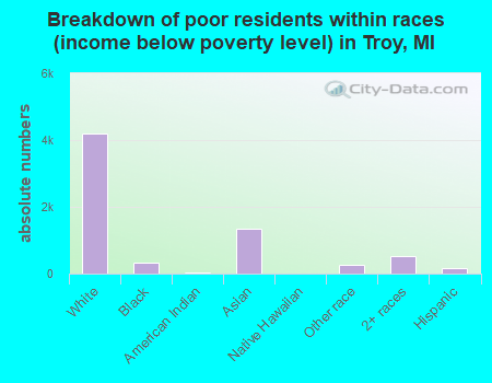 Breakdown of poor residents within races (income below poverty level) in Troy, MI