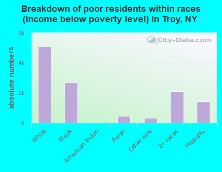 Breakdown of poor residents within races (income below poverty level) in Troy, NY