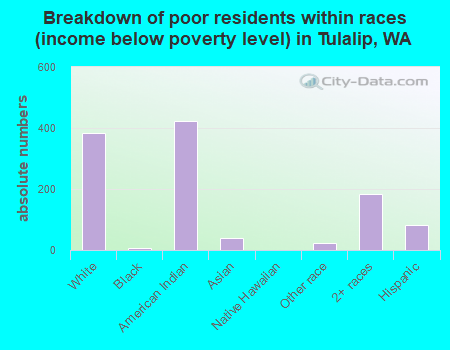 Breakdown of poor residents within races (income below poverty level) in Tulalip, WA