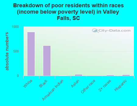 Breakdown of poor residents within races (income below poverty level) in Valley Falls, SC