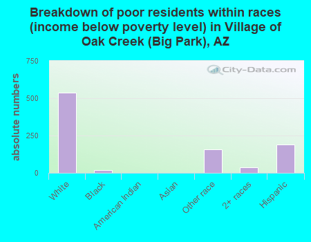 Breakdown of poor residents within races (income below poverty level) in Village of Oak Creek (Big Park), AZ