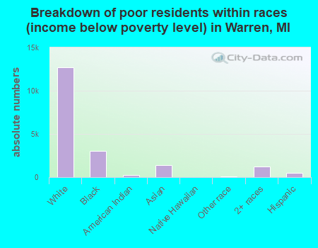 Breakdown of poor residents within races (income below poverty level) in Warren, MI