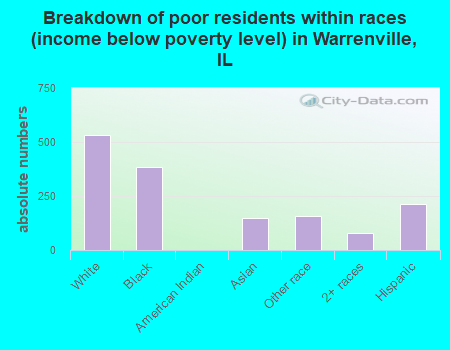 Breakdown of poor residents within races (income below poverty level) in Warrenville, IL