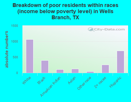 Breakdown of poor residents within races (income below poverty level) in Wells Branch, TX