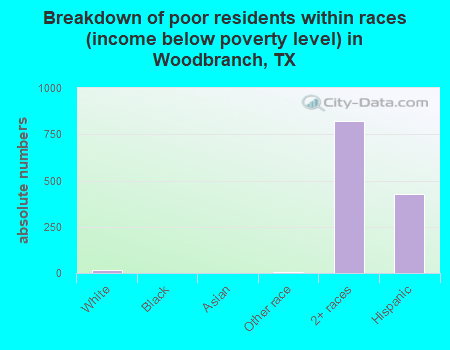 Breakdown of poor residents within races (income below poverty level) in Woodbranch, TX