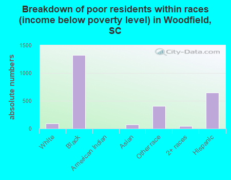 Breakdown of poor residents within races (income below poverty level) in Woodfield, SC