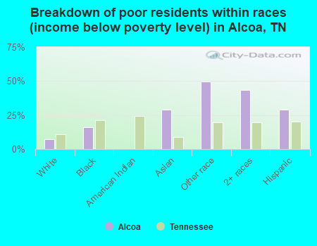 Breakdown of poor residents within races (income below poverty level) in Alcoa, TN