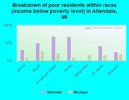 Breakdown of poor residents within races (income below poverty level) in Allendale, MI