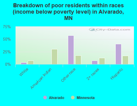 Breakdown of poor residents within races (income below poverty level) in Alvarado, MN