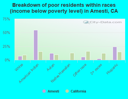 Breakdown of poor residents within races (income below poverty level) in Amesti, CA
