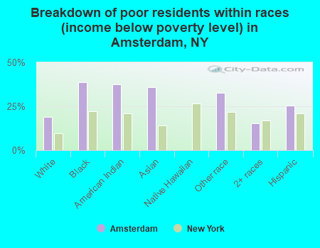 Breakdown of poor residents within races (income below poverty level) in Amsterdam, NY