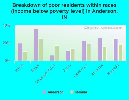 Breakdown of poor residents within races (income below poverty level) in Anderson, IN