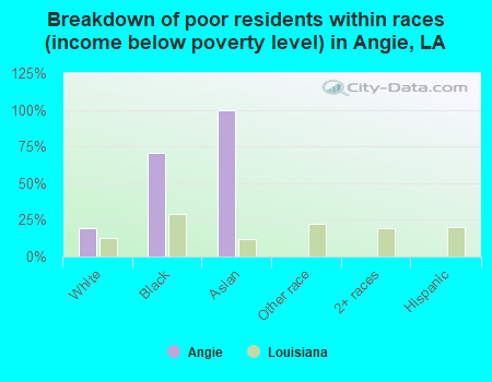 Breakdown of poor residents within races (income below poverty level) in Angie, LA