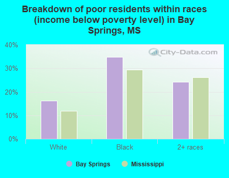 Breakdown of poor residents within races (income below poverty level) in Bay Springs, MS