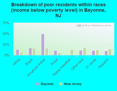 Breakdown of poor residents within races (income below poverty level) in Bayonne, NJ