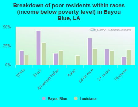 Breakdown of poor residents within races (income below poverty level) in Bayou Blue, LA