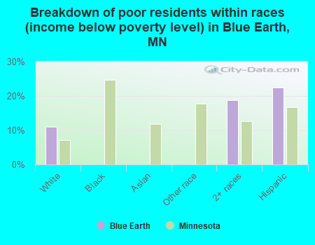 Breakdown of poor residents within races (income below poverty level) in Blue Earth, MN