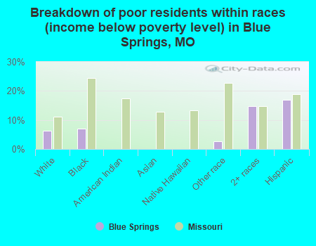 Breakdown of poor residents within races (income below poverty level) in Blue Springs, MO