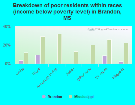 Breakdown of poor residents within races (income below poverty level) in Brandon, MS