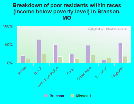 Breakdown of poor residents within races (income below poverty level) in Branson, MO