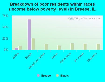 Breakdown of poor residents within races (income below poverty level) in Breese, IL