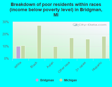 Breakdown of poor residents within races (income below poverty level) in Bridgman, MI