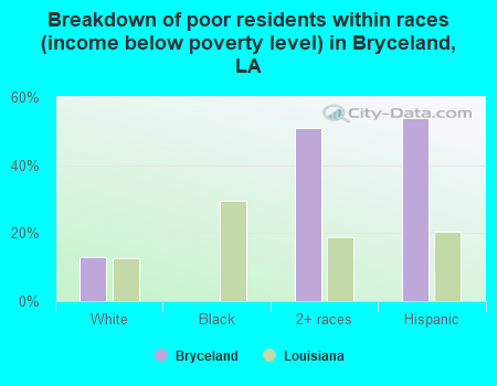 Breakdown of poor residents within races (income below poverty level) in Bryceland, LA