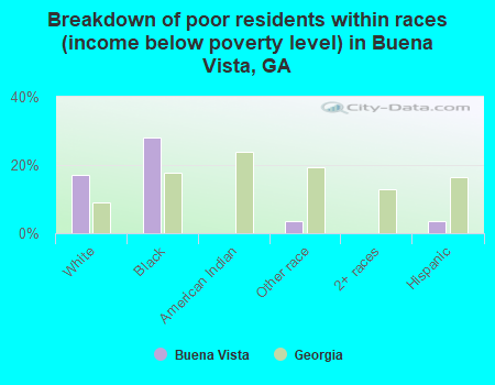 Breakdown of poor residents within races (income below poverty level) in Buena Vista, GA
