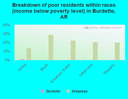 Breakdown of poor residents within races (income below poverty level) in Burdette, AR