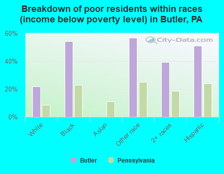 Breakdown of poor residents within races (income below poverty level) in Butler, PA