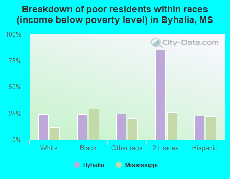 Breakdown of poor residents within races (income below poverty level) in Byhalia, MS