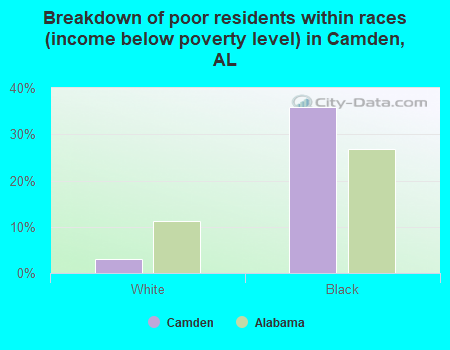 Breakdown of poor residents within races (income below poverty level) in Camden, AL