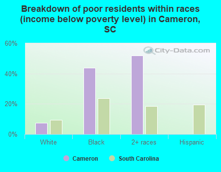 Breakdown of poor residents within races (income below poverty level) in Cameron, SC