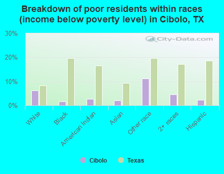 Breakdown of poor residents within races (income below poverty level) in Cibolo, TX