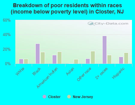 Breakdown of poor residents within races (income below poverty level) in Closter, NJ