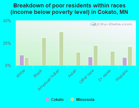 Breakdown of poor residents within races (income below poverty level) in Cokato, MN