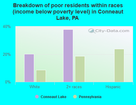 Breakdown of poor residents within races (income below poverty level) in Conneaut Lake, PA