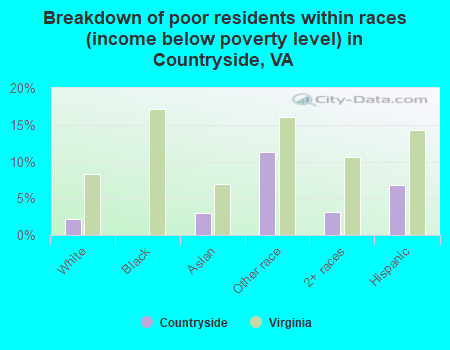 Breakdown of poor residents within races (income below poverty level) in Countryside, VA