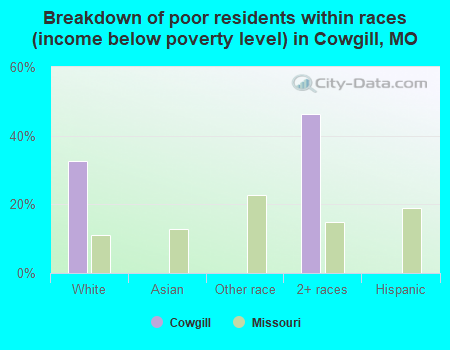 Breakdown of poor residents within races (income below poverty level) in Cowgill, MO
