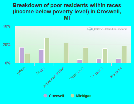 Breakdown of poor residents within races (income below poverty level) in Croswell, MI