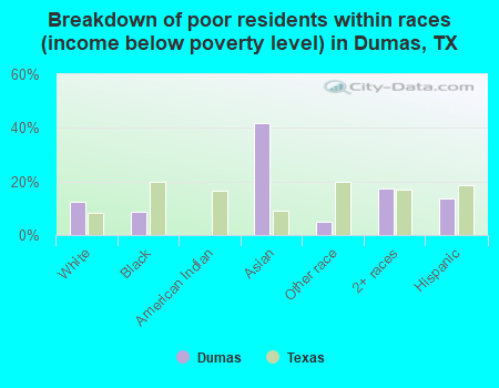 Breakdown of poor residents within races (income below poverty level) in Dumas, TX