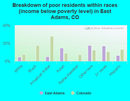 Breakdown of poor residents within races (income below poverty level) in East Adams, CO