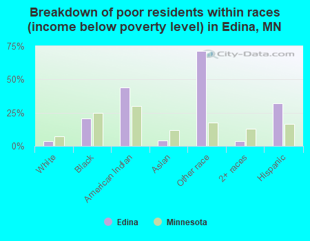 Breakdown of poor residents within races (income below poverty level) in Edina, MN