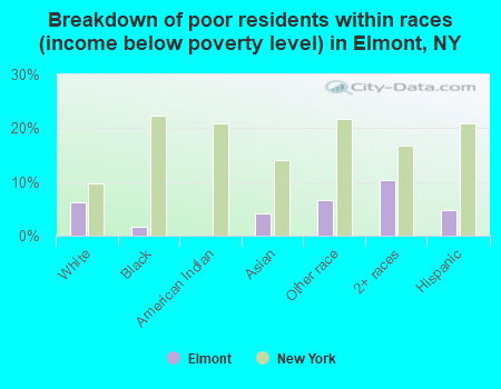 Breakdown of poor residents within races (income below poverty level) in Elmont, NY