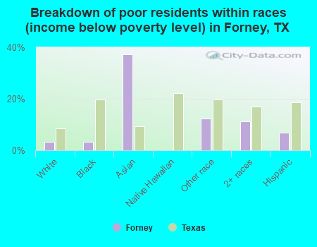 Breakdown of poor residents within races (income below poverty level) in Forney, TX