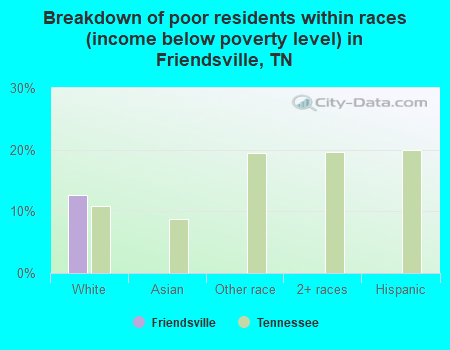 Breakdown of poor residents within races (income below poverty level) in Friendsville, TN