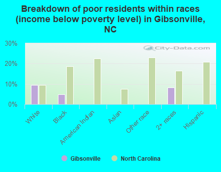 Breakdown of poor residents within races (income below poverty level) in Gibsonville, NC