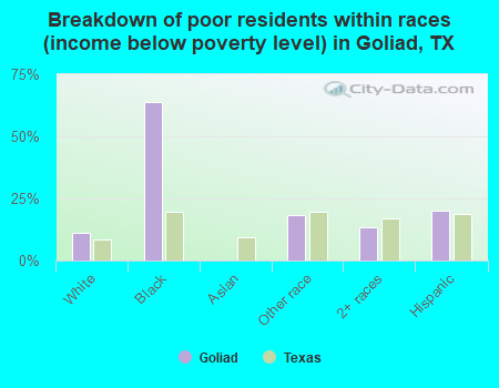 Breakdown of poor residents within races (income below poverty level) in Goliad, TX